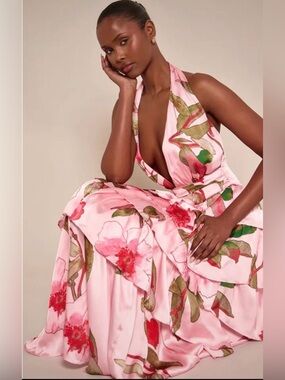 PRETTYLITTLETHING Pink Floral Halter Tiered Maxi Dress 12 NWT